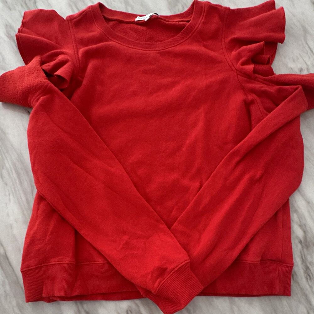 Rebecca Minkoff Red Ruffle Cold Shoulder Crew Neck Fleece Sweatshirt L 0101